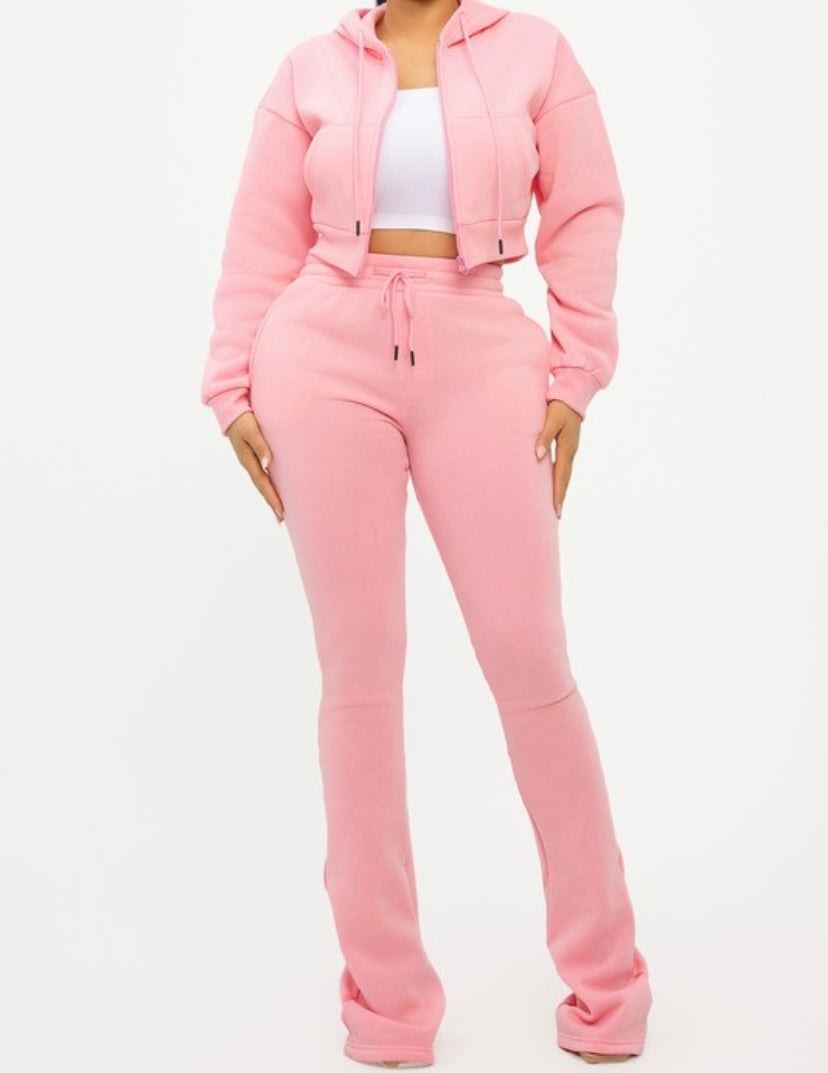 Cropped Hoodie Set - Pink